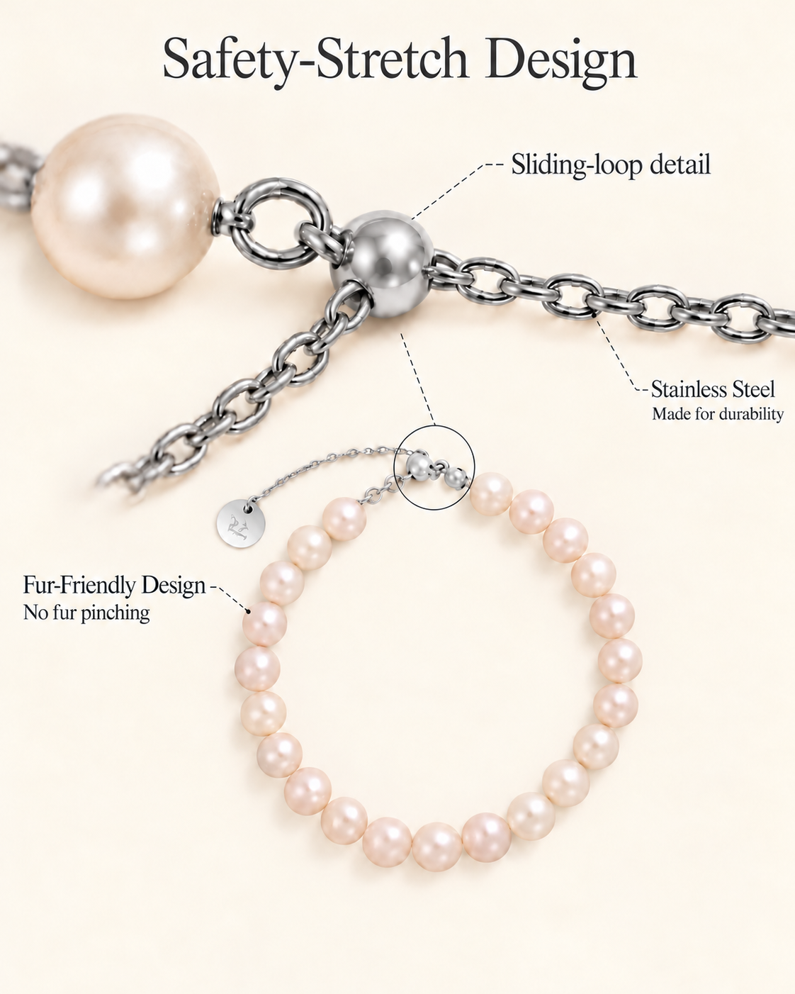 Freshwater pearl cat necklace details: safety-stretch design, sliding-loop clasp and fur-friendly finish