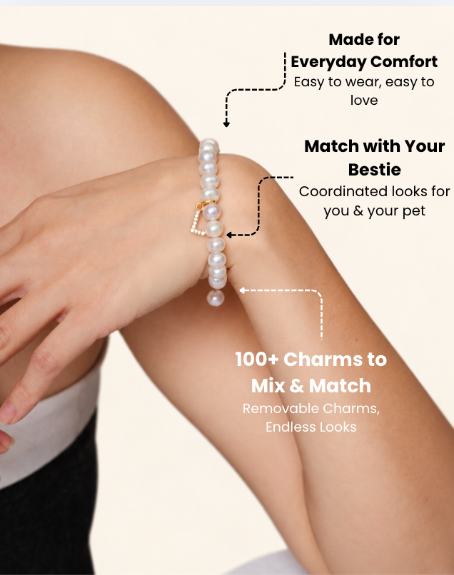 Faux pearl bracelet on a woman's arm: made for everyday comfort, match with your bestie, 100+ charms to mix and match