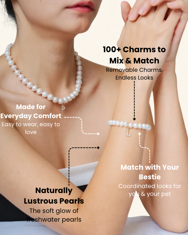 Woman wearing a freshwater pearl necklace and bracelet: 100+ charms to mix and match, made for everyday comfort, naturally lustrous pearls