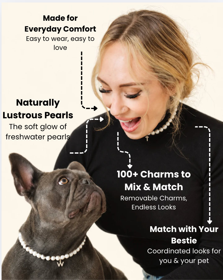 Woman and her French bulldog in matching freshwater pearls: made for everyday comfort, naturally lustrous pearls, 100+ charms to mix and match